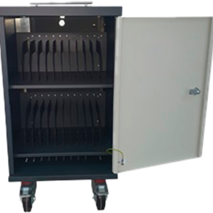 Armario cargador diseñado para almacenar y cargar de manera segura y eficiente hasta 24 dispositivos, incluyendo portátiles, tablets iPad, Android y Chromebooks.