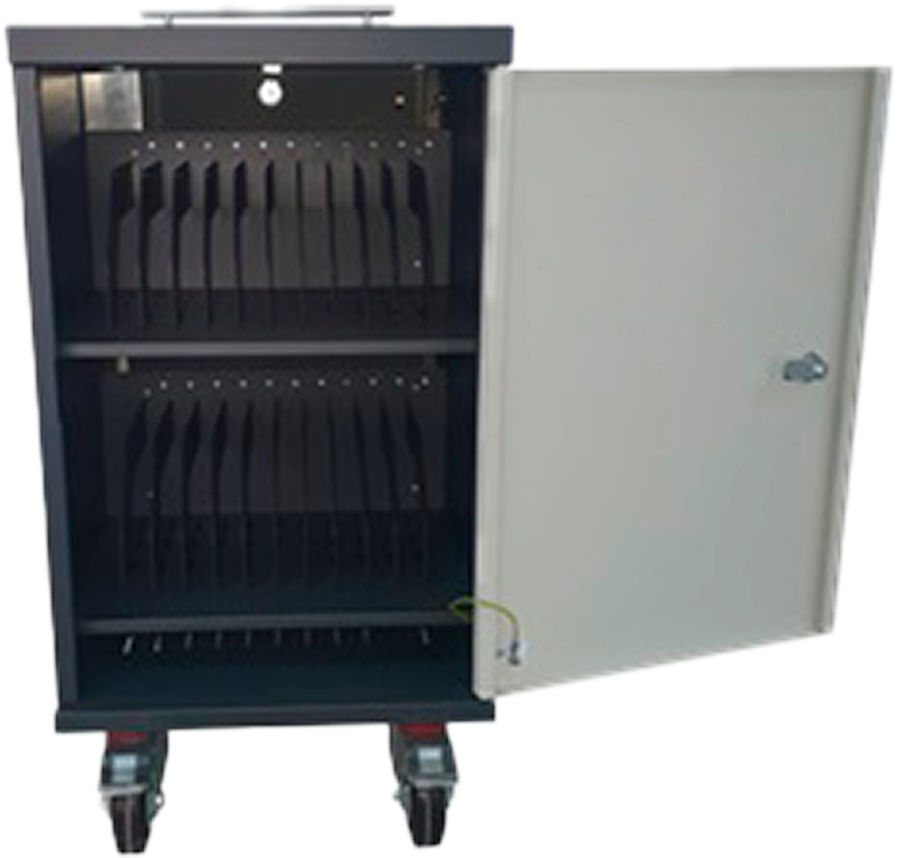 Armario cargador diseñado para almacenar y cargar de manera segura y eficiente hasta 24 dispositivos, incluyendo portátiles, tablets iPad, Android y Chromebooks.